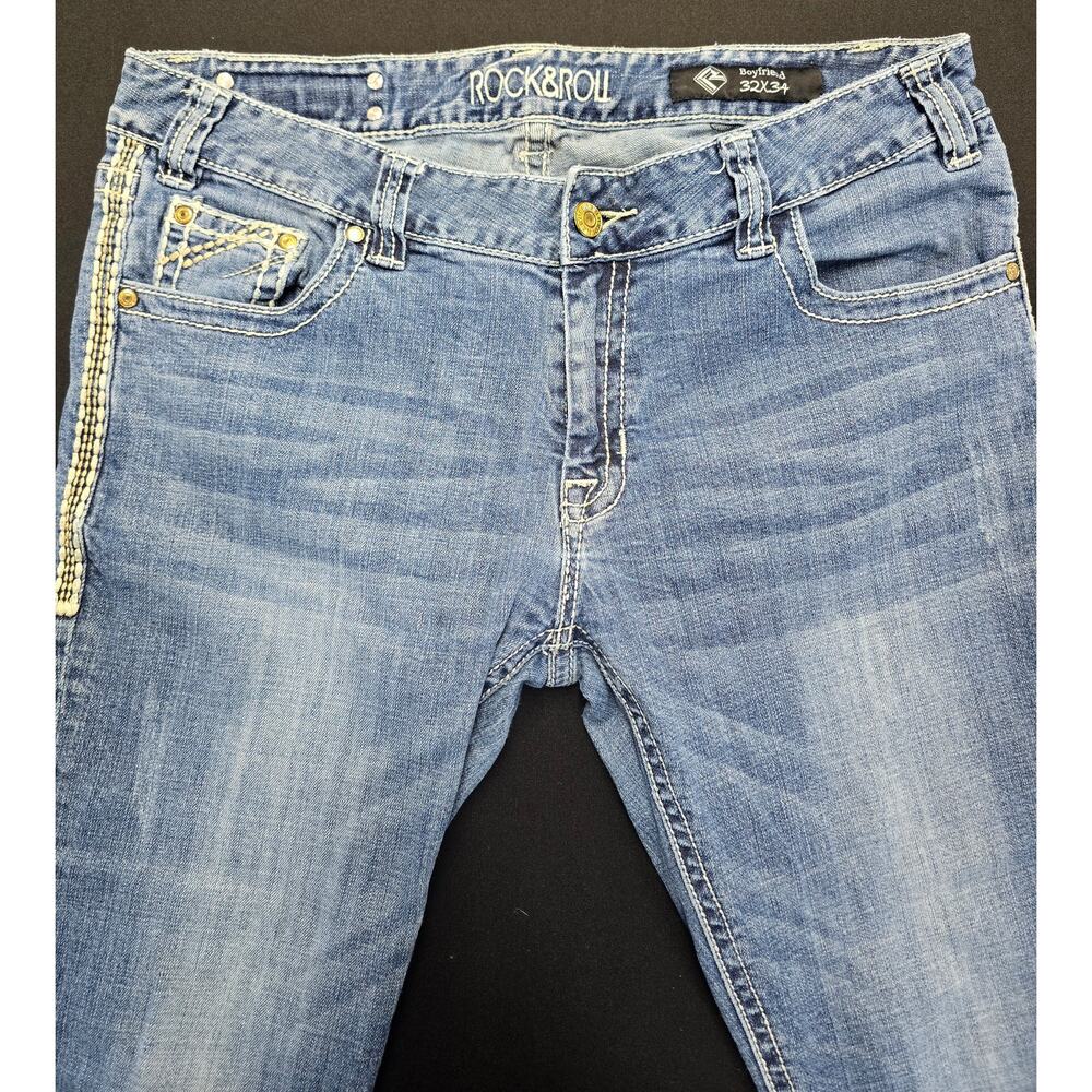 Rock & Roll Cowgirl Boyfriend Jeans Womens 32x34 Blue Stretch Distressed Denim - Picture 2 of 12